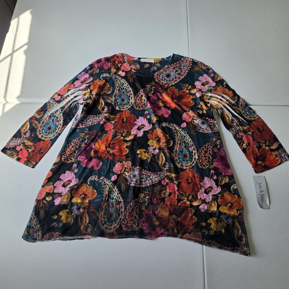 Jess & Jane Tunic Top Womens Large Multicolor Floral Paisley Valencia 3/4 Sleeve